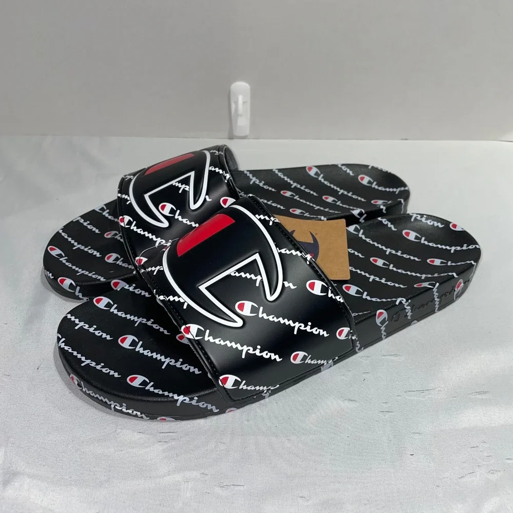 Champion IPO Repeat Script Black Red White Slides Mens Size 13 Sandals CM100798M